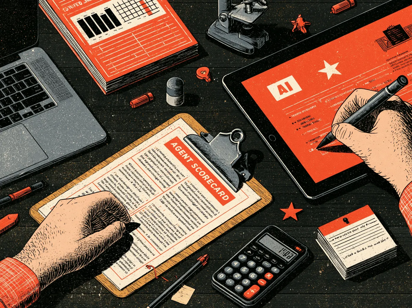 An agent scorecard on a clipboard, filled in by hand next to a laptop and a calculator