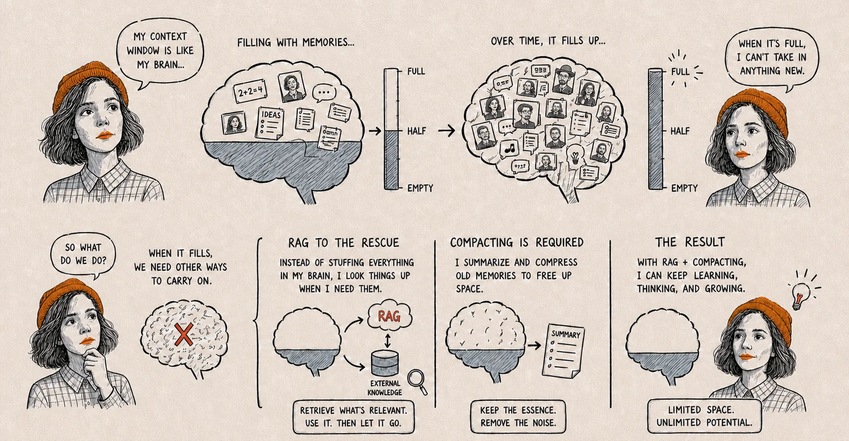A strip explaining a context window. A brain fills with notes and faces until a gauge reads full and nothing more will go in; then two ways round it: looking things up in an outside store when needed, and summarising old memories to free space.
