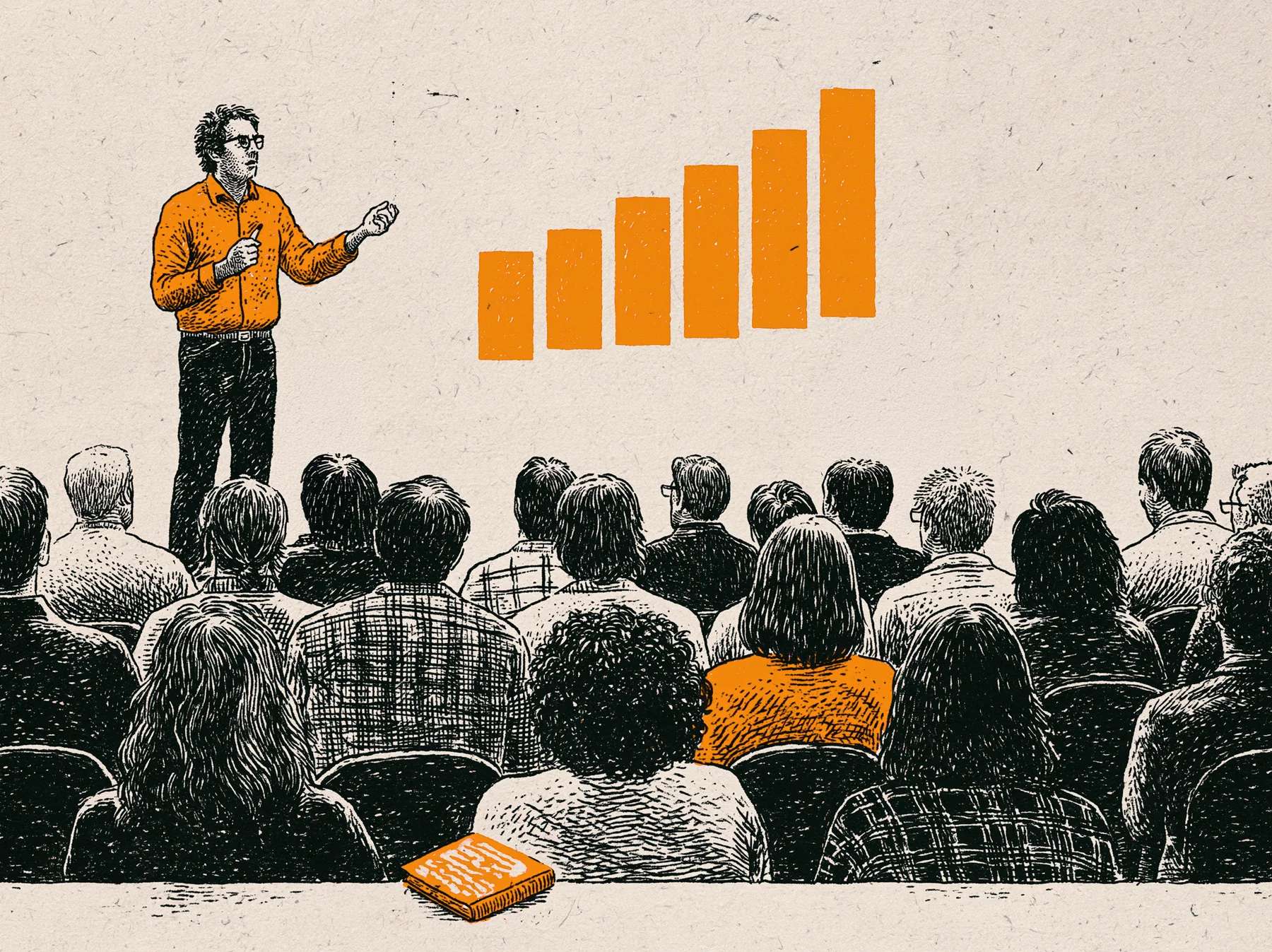 A speaker in an orange shirt standing in front of a seated audience, gesturing at a chart of six rising bars on the wall behind him.