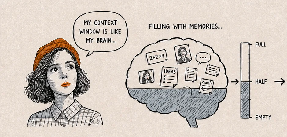 A strip explaining a context window. A brain fills with notes and faces until a gauge reads full and nothing more will go in; then two ways round it: looking things up in an outside store when needed, and summarising old memories to free space.