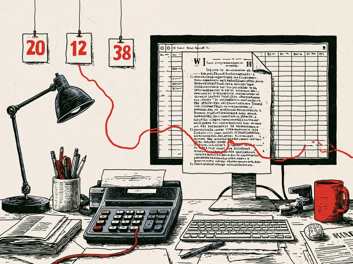 A desk with the weekly report on screen, a calculator, and a red thread running between them