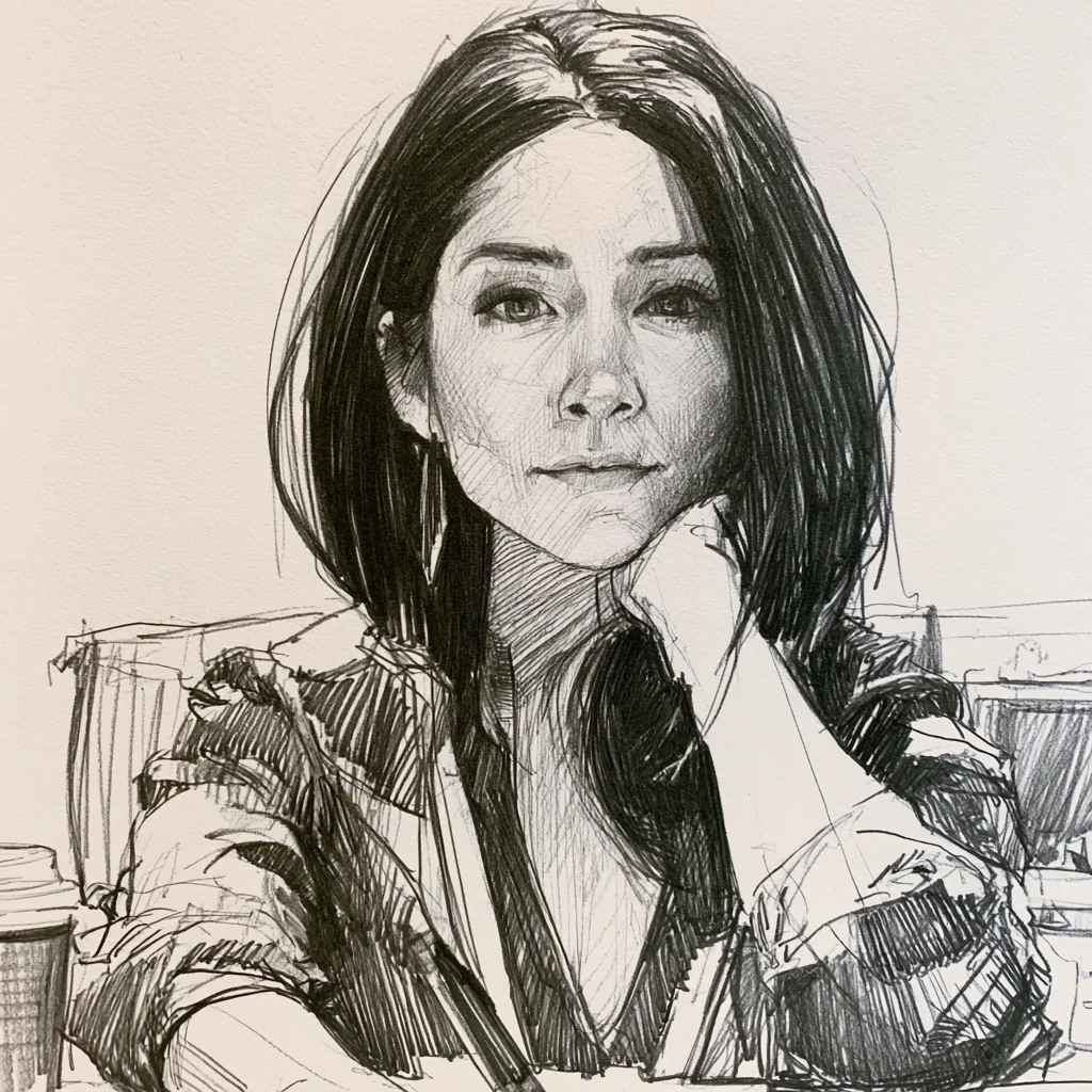 A drawn portrait of a woman resting her chin on her hand.