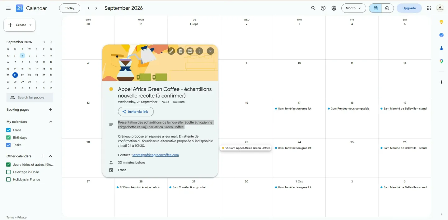 The event Claude created in Google Calendar, with all the context of the meeting.